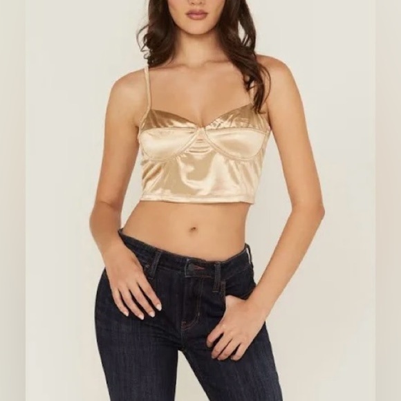 Free People Top Womens Medium Latte Casino Royal Brami Crop Smocked Back Y2K NEW - Picture 1 of 11